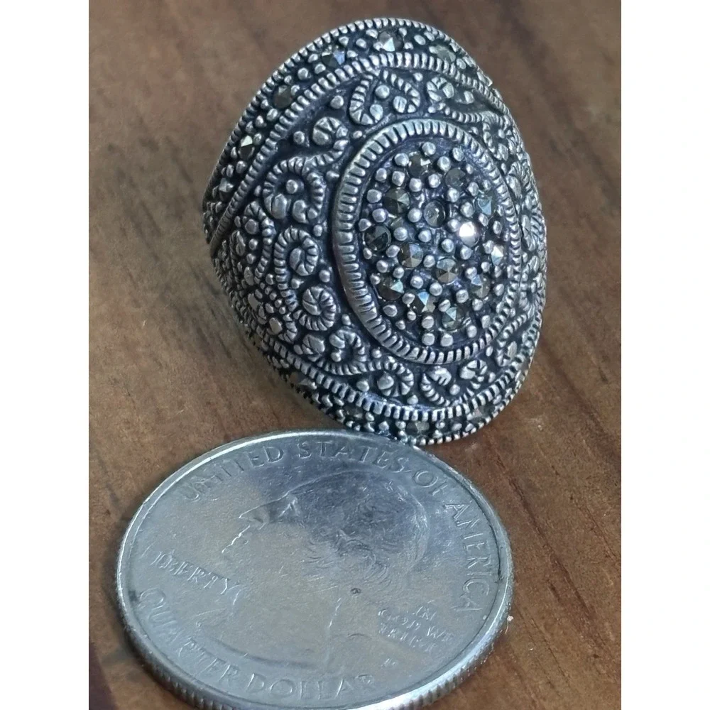 Vintage Marcasite 925 Sterling Silver Cocktail Ring Size 6.25, 11.6 Grams